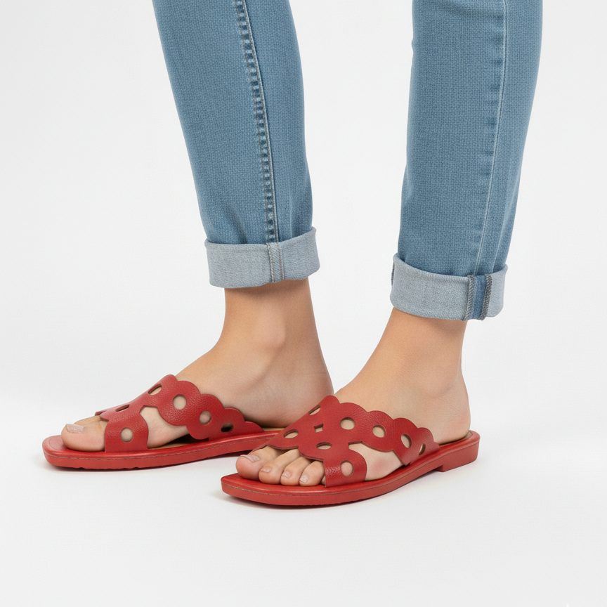 Red cushioned flat sole open back slide slippers left side view
