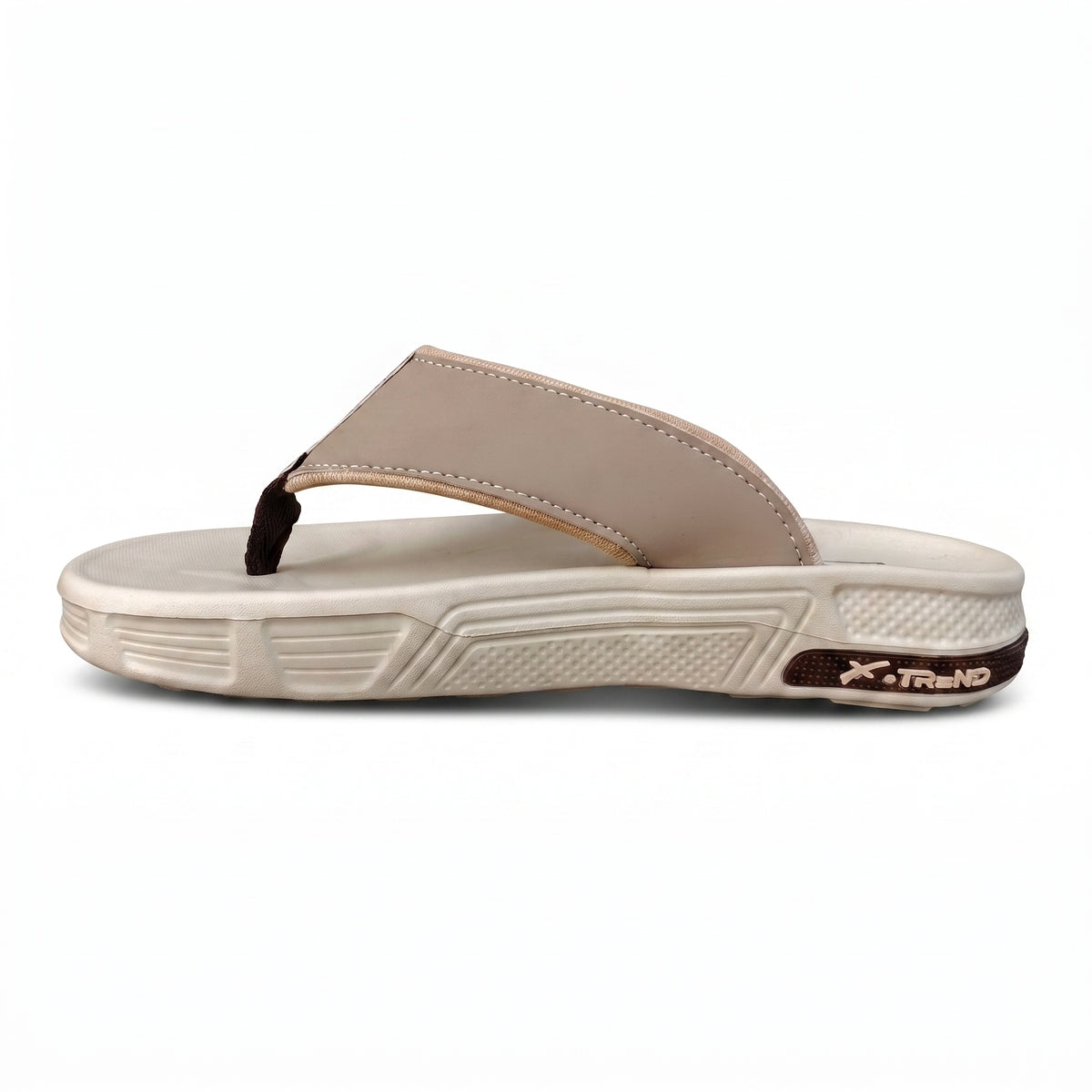 Angled top view of mens cream beige cushioned thong slippers