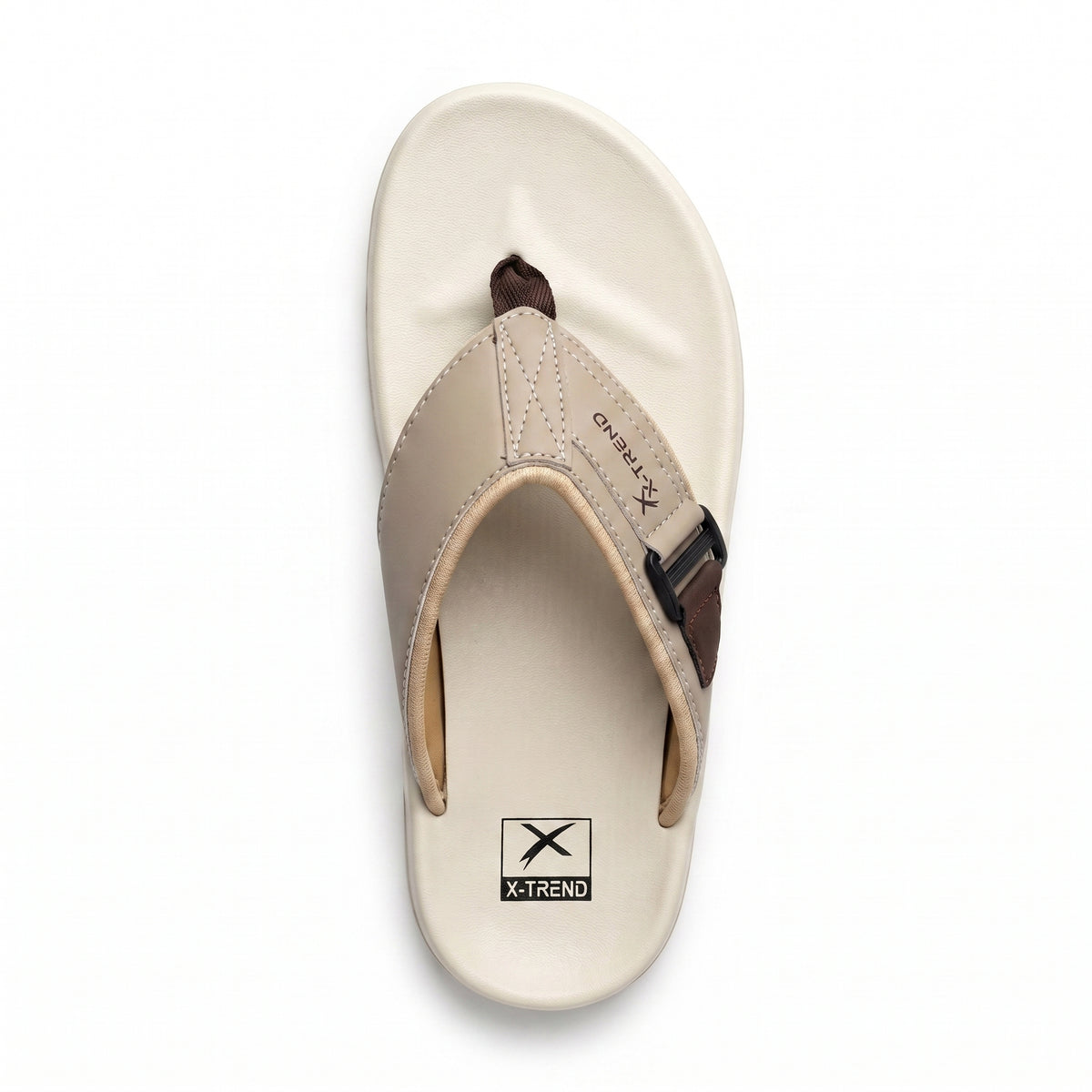 Angled top view of mens cream beige cushioned thong slippers
