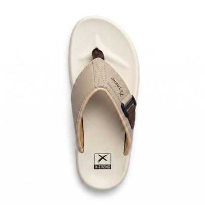 Angled top view of mens cream beige cushioned thong slippers