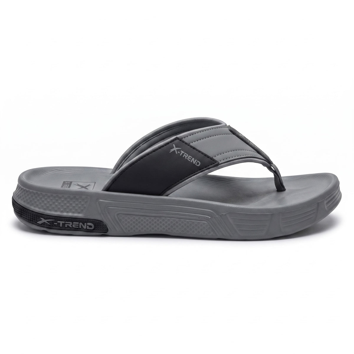Flat outer side view of mens grey cushioned thong slippers