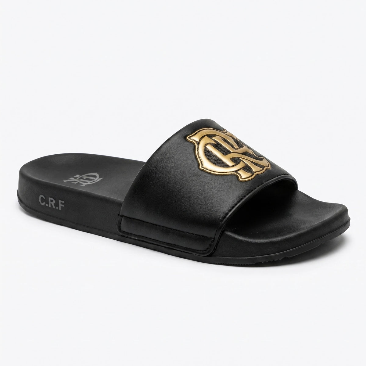 Top view of mens black slide sandals showing gold CRF logo