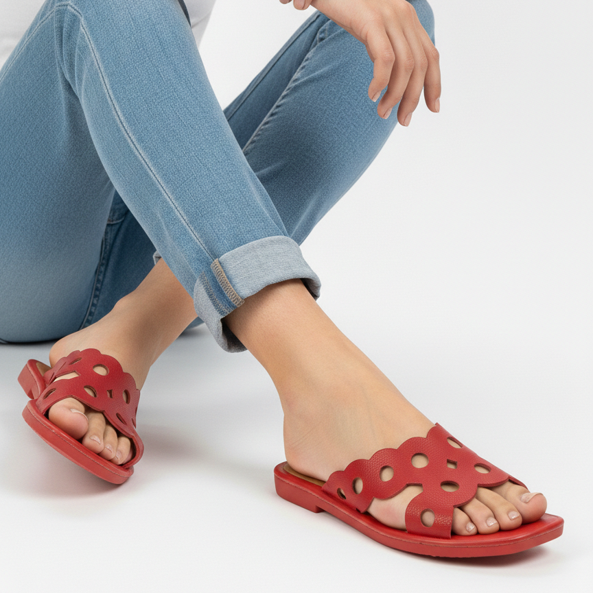 Red cushioned flat sole open back slide slippers close-up view