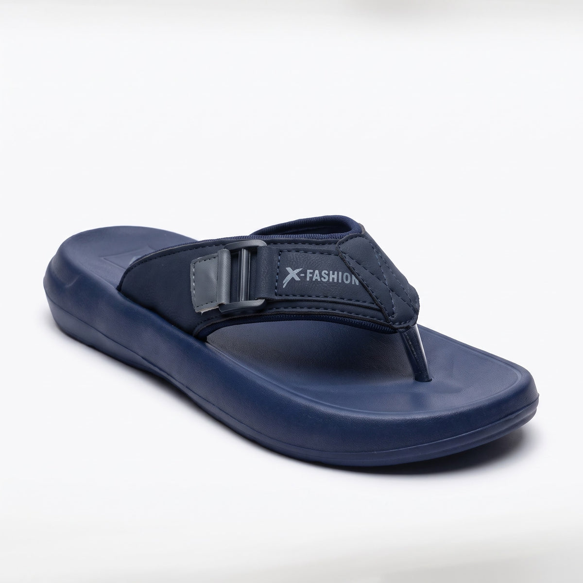 Side profile of mens navy blue thong slippers with buckle strap