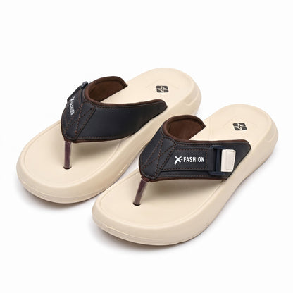 Mens beige and brown cushioned flip flops pair view