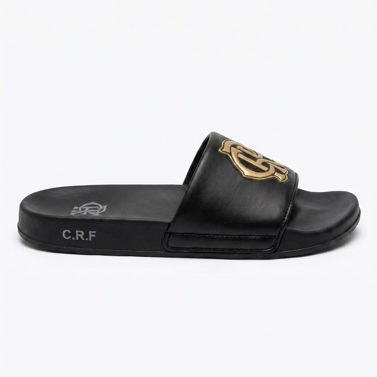 Side profile of mens black slides with soft cushioned sole