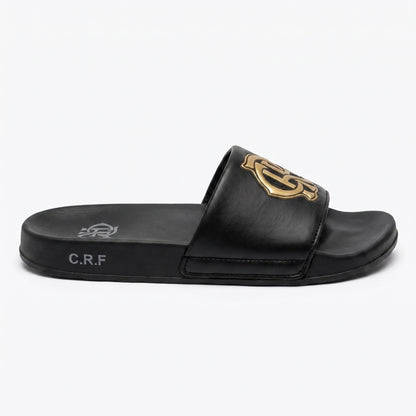 Side profile of mens black slides with soft cushioned sole