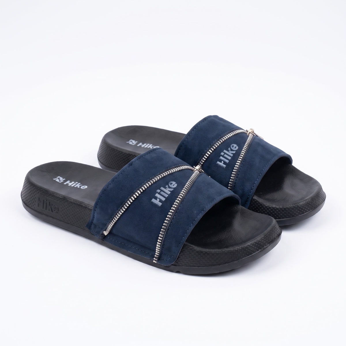 Mens navy blue zipper suede slides pair view