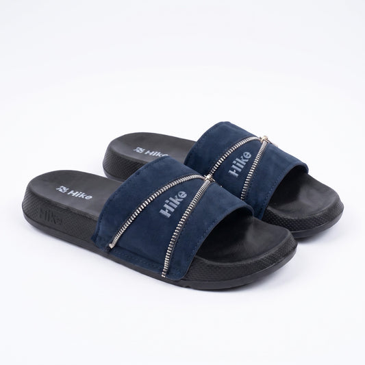 Mens navy blue zipper suede slides pair view