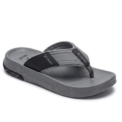 Angled side profile showing thick comfort sole on mens grey flip flops