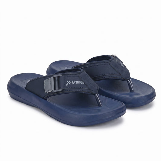 Mens navy blue comfort flip flops with soft cushioned sole pair view