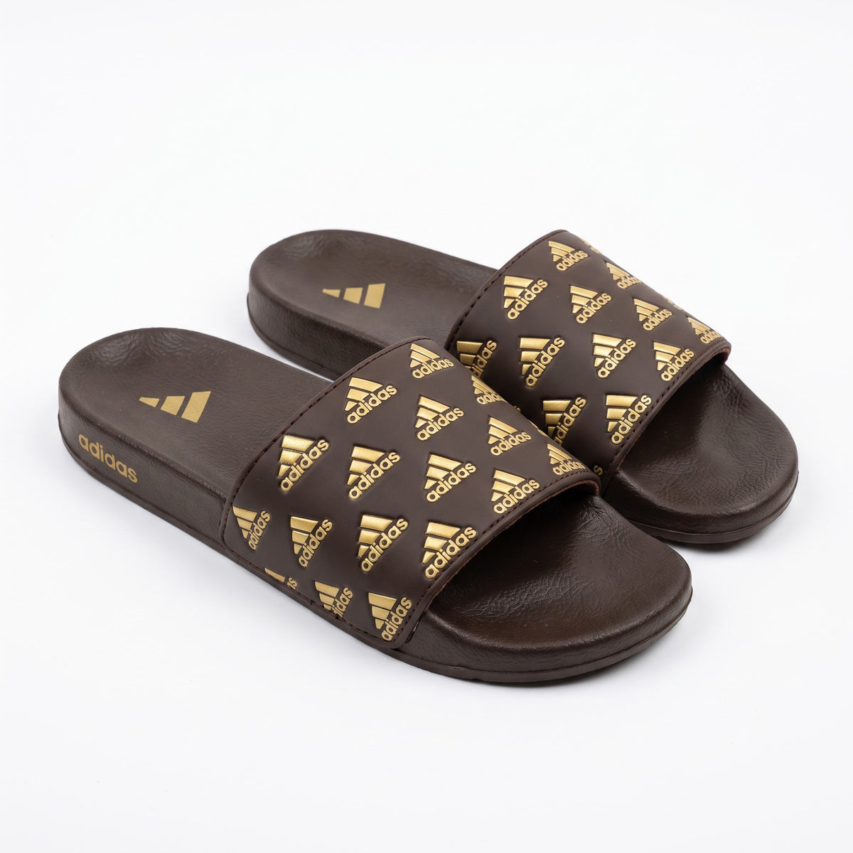 Adidas Adilette Comfort Slides for Men in brown and gold pair view