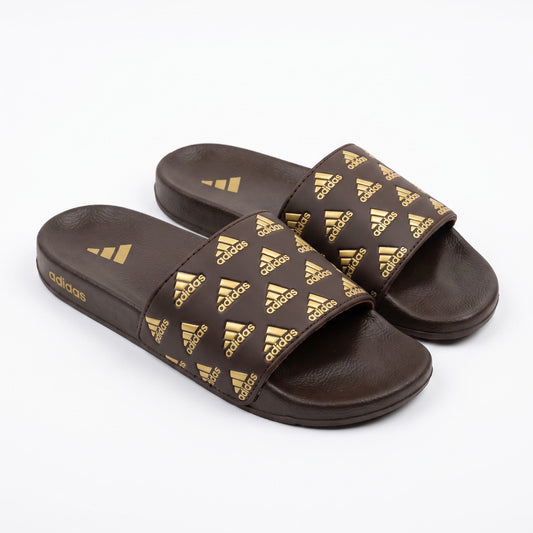 Adidas Adilette Comfort Slides for Men in brown and gold pair view