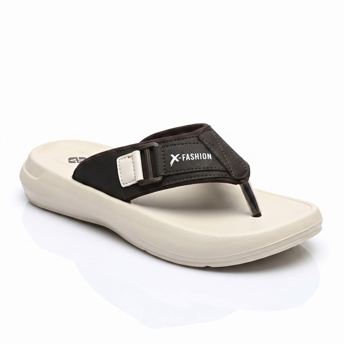 Beige mens cushioned flip flop sandals side view