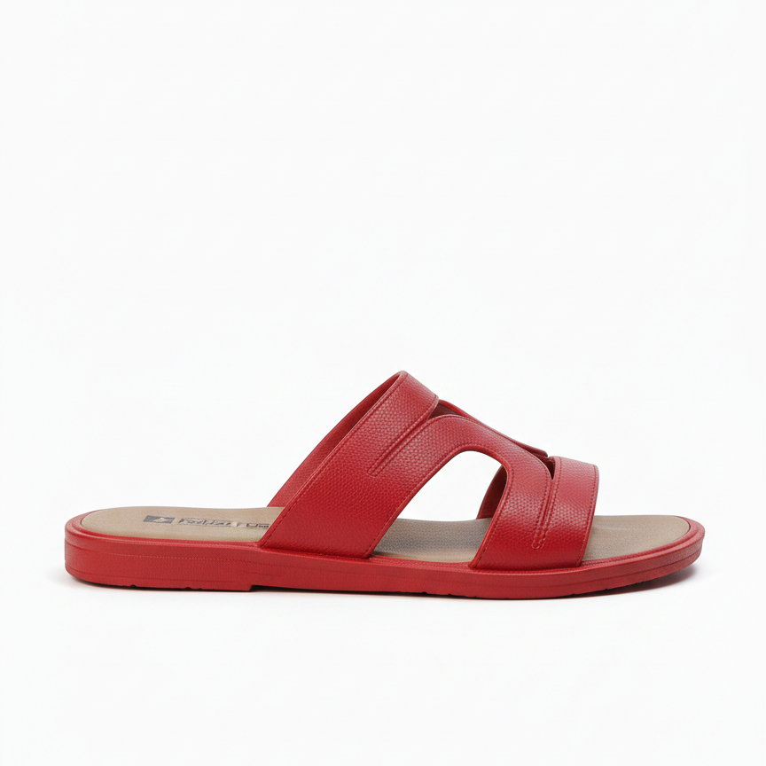 Lightweight red flat slide slippers side profile with soft footbed