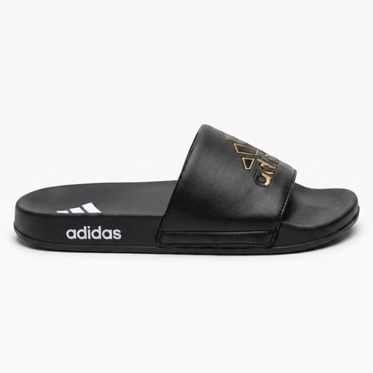 Side view of mens black slide slippers showing heel logo