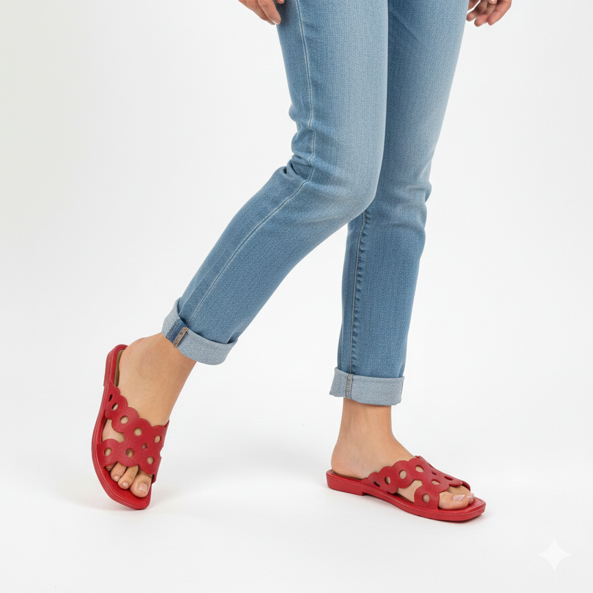 Red cushioned flat sole open back slide slippers side profile