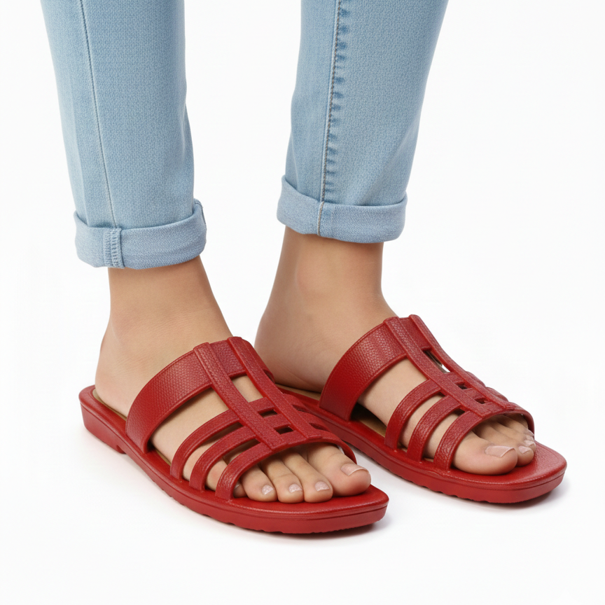 Textured red multi strap upper pattern on women casual slippers