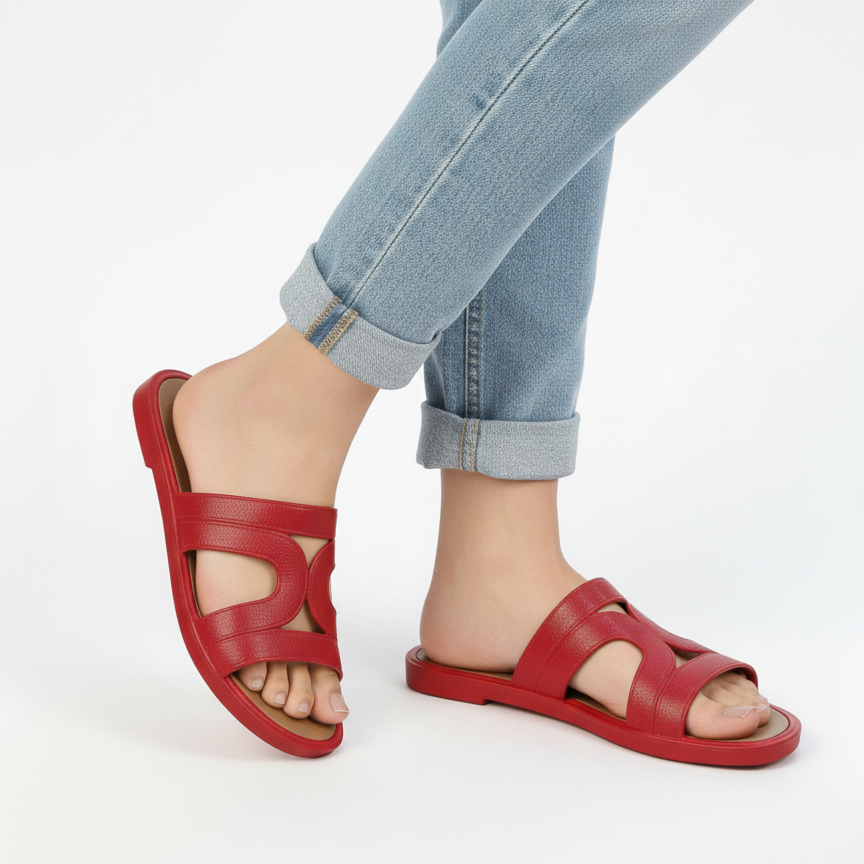 Women casual red open back slide chappal angled shot