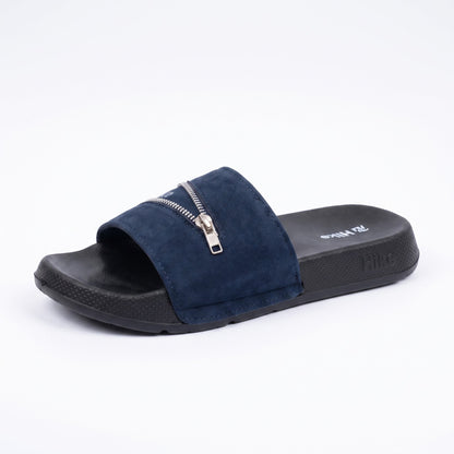 Top side profile of mens casual navy blue slides