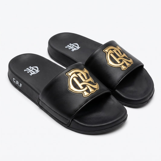 Mens black CRF gold slides soft and comfortable pair view