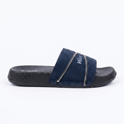 Flat side profile showing black cushioned sole on navy blue slides