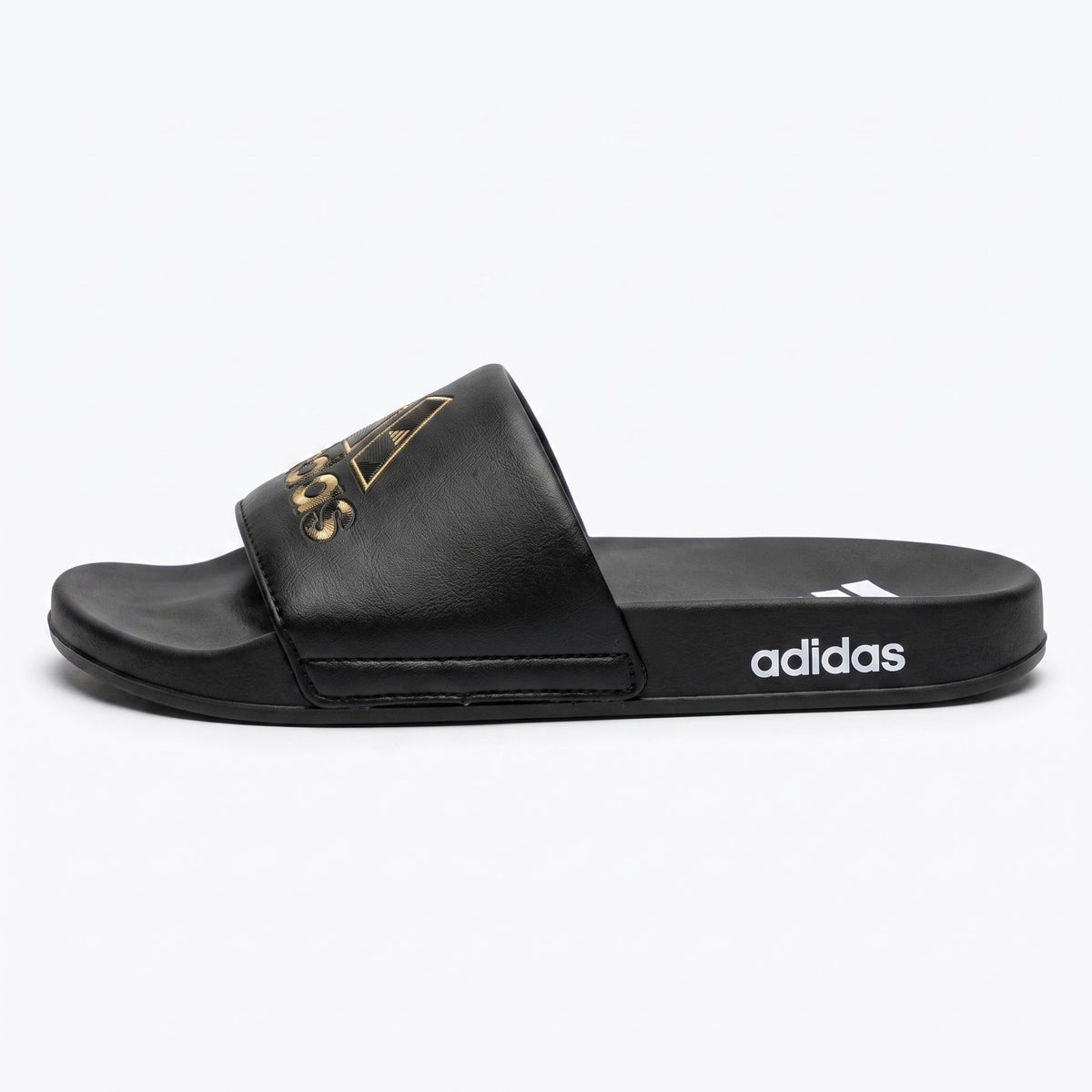 Side profile of mens casual black slide footwear with cushioned sole