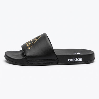 Side profile of mens casual black slide footwear with cushioned sole