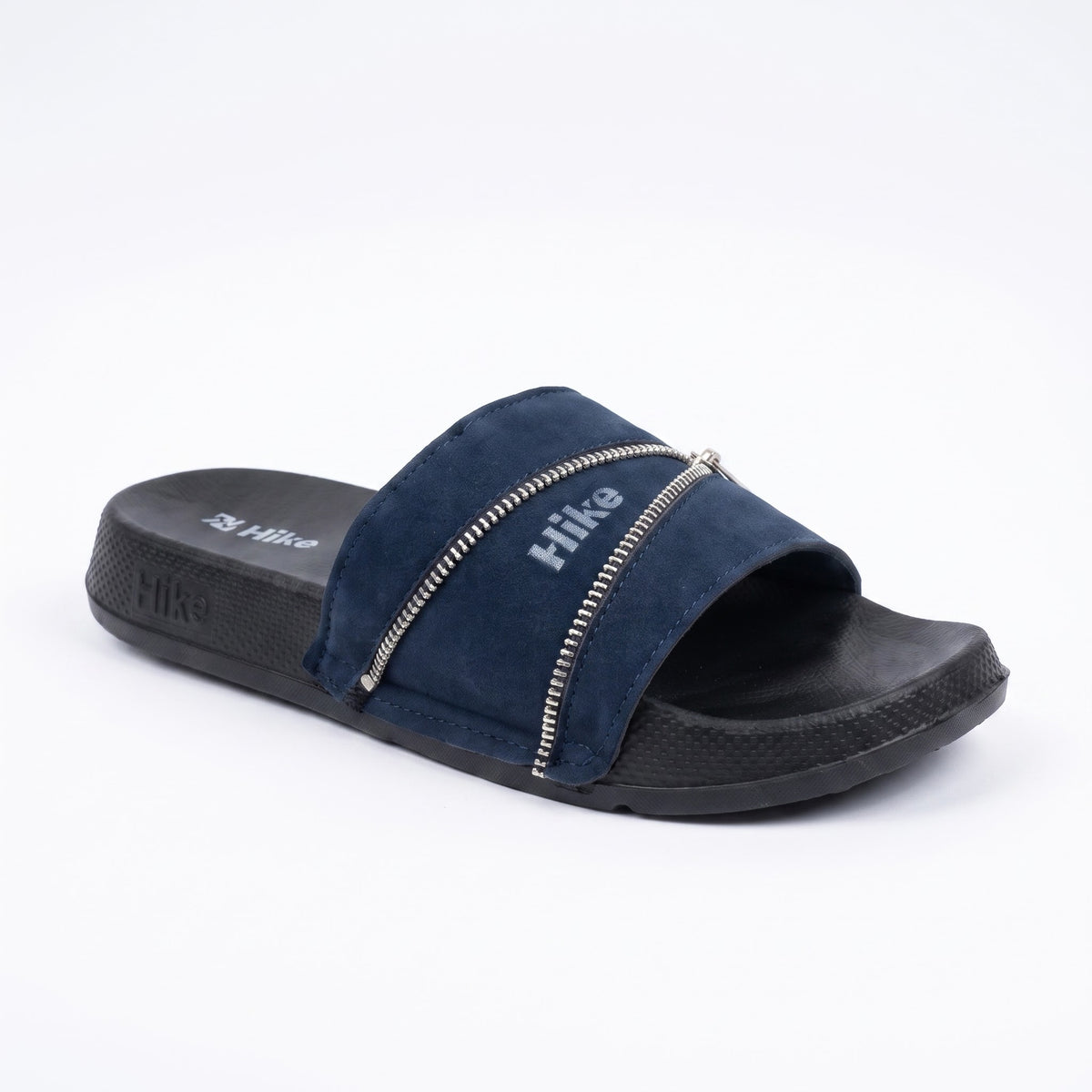 Angled front shot of mens blue suede slides with zipper detail