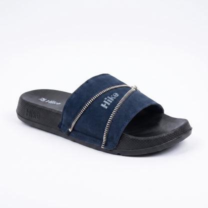 Angled front shot of mens blue suede slides with zipper detail