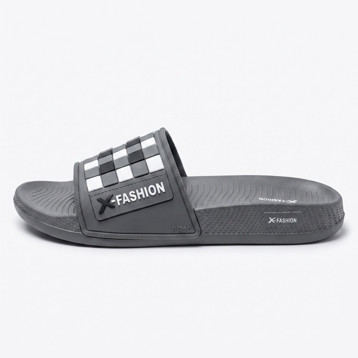 Inner side view of mens casual grey slides with checkered strap