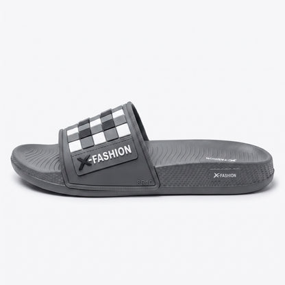 Inner side view of mens casual grey slides with checkered strap