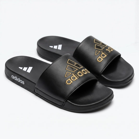 Mens black and gold sports slides pair view with soft comfort sole