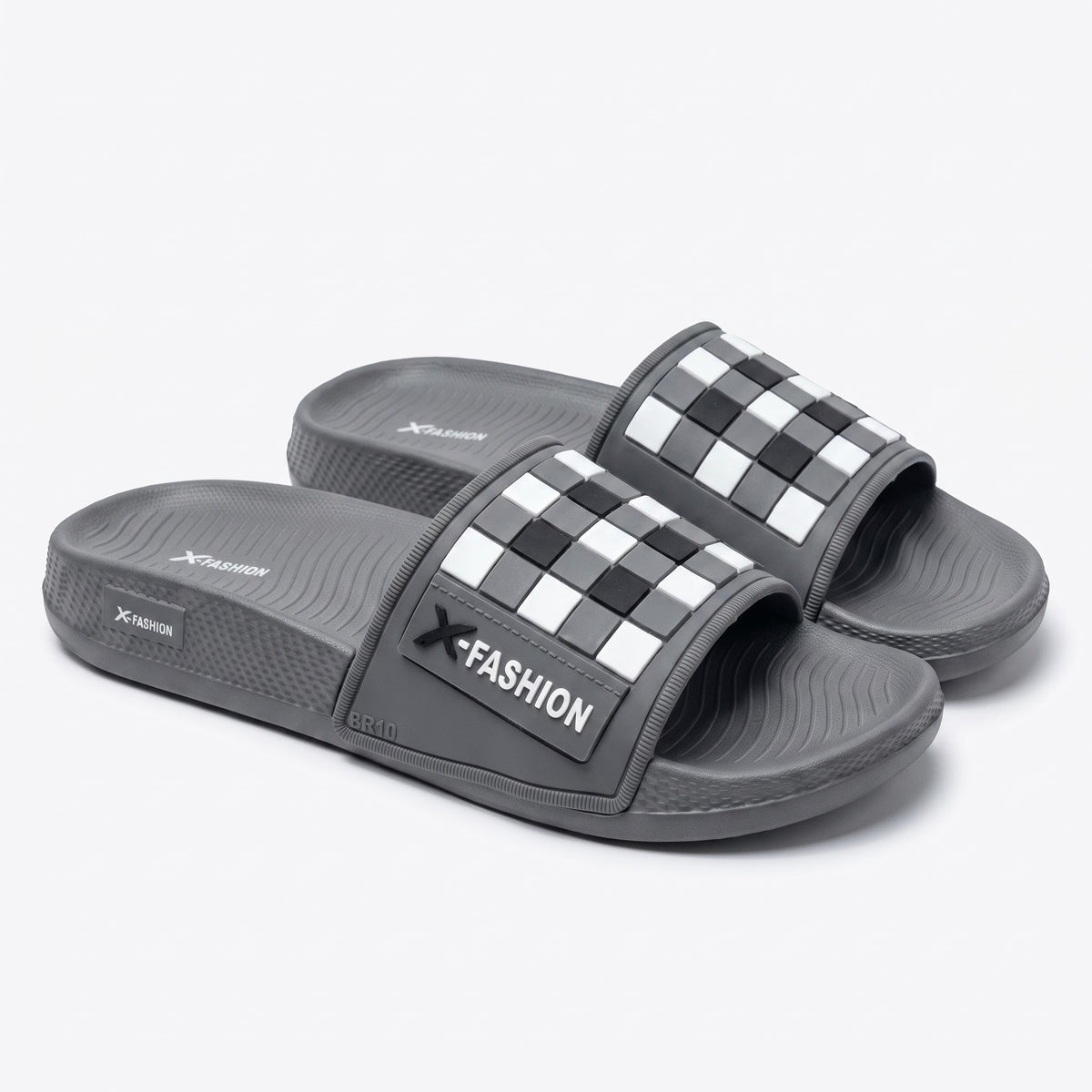 Mens grey check pattern slides with hyper burst sole pair view