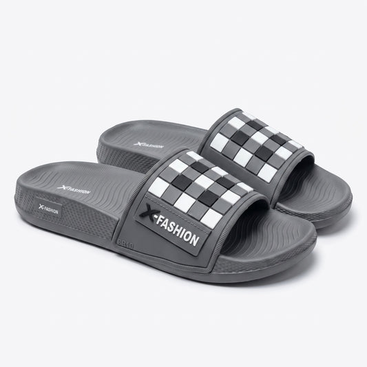 Mens grey check pattern slides with hyper burst sole pair view