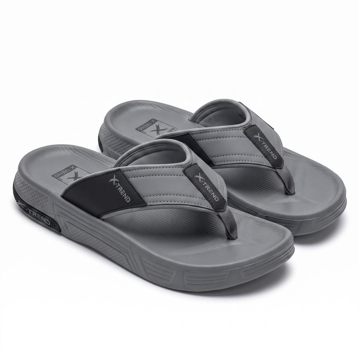 Mens grey ultra comfort flip flops with soft cushioned sole pair view