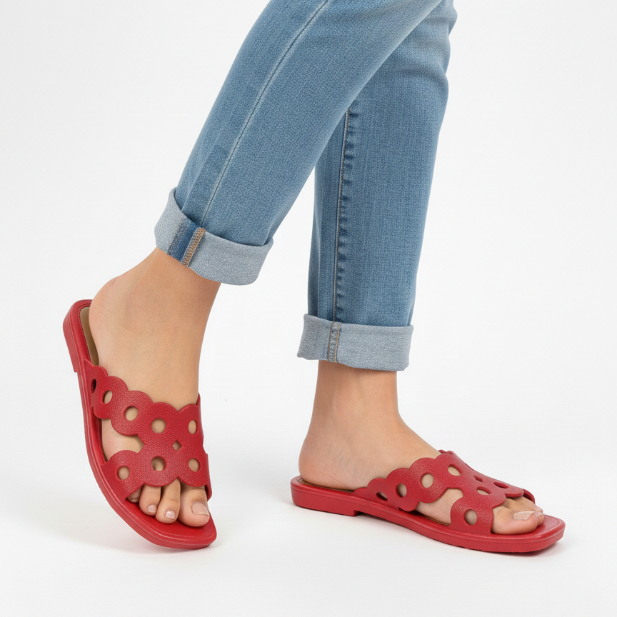 Red cushioned flat sole open back slide slippers side view