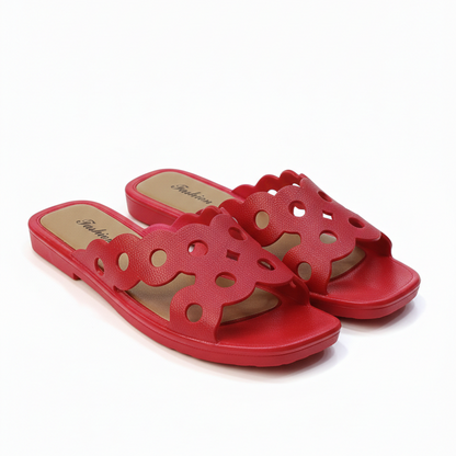 Womens red flat cutout slide sandals with soft cushioned sole
