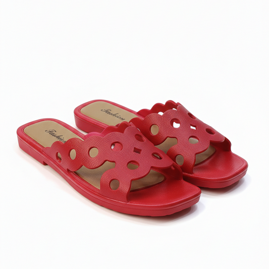 Womens red flat cutout slide sandals with soft cushioned sole
