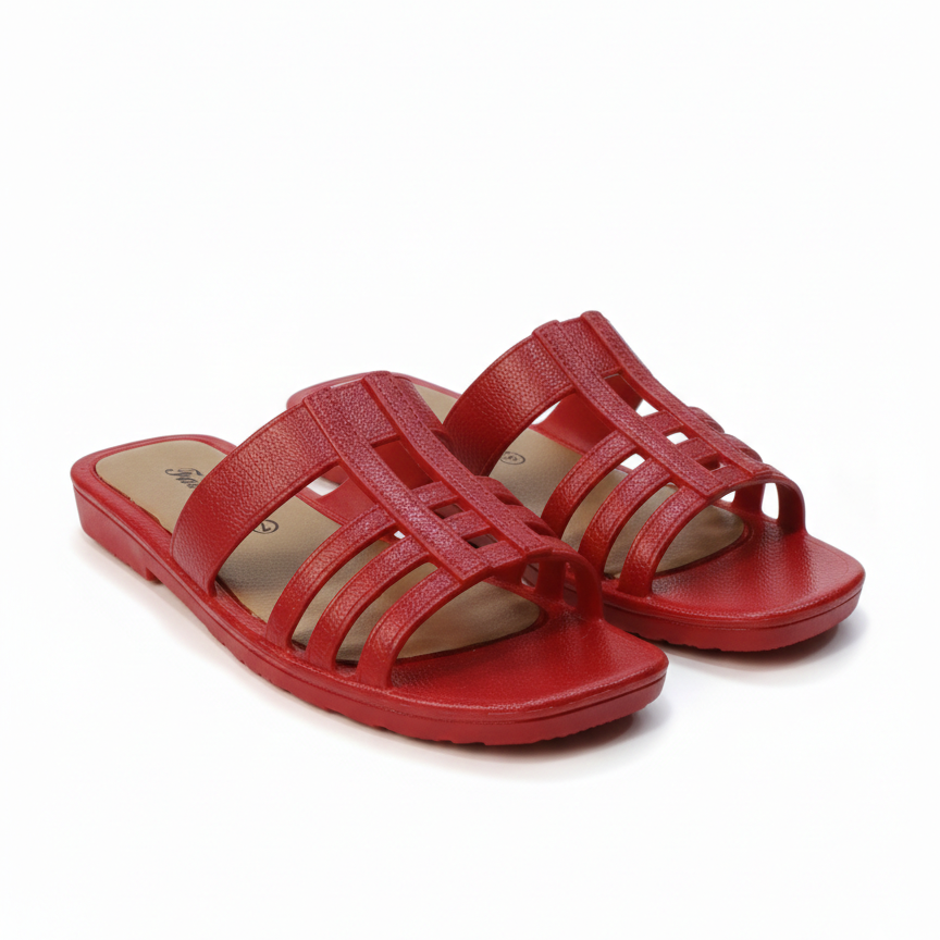 Women vibrant red cage strap flat sandals pair view