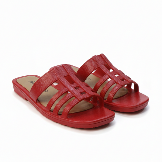 Women vibrant red cage strap flat sandals pair view