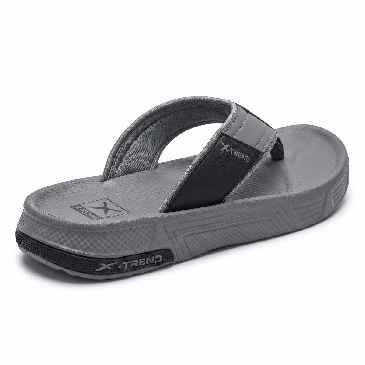 Back angle shot showing heel cushion on mens grey flip flop chappal